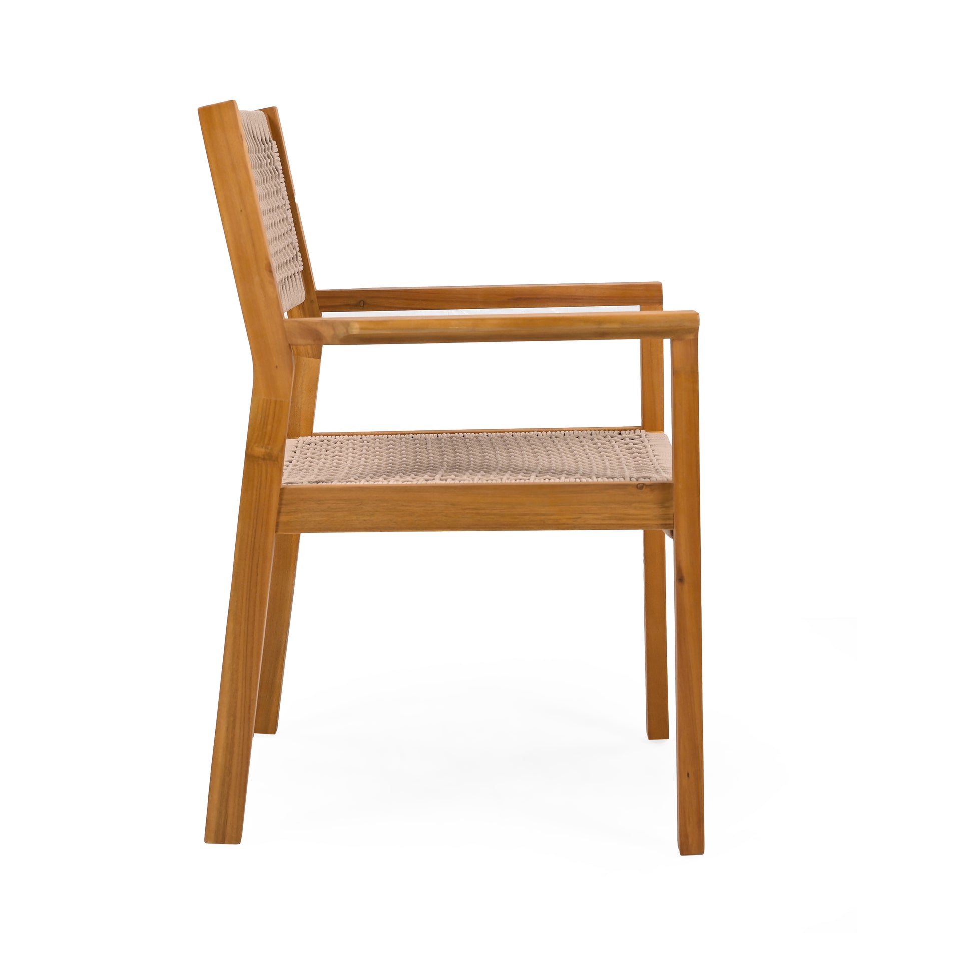Wooden patio chair with woven seat and back