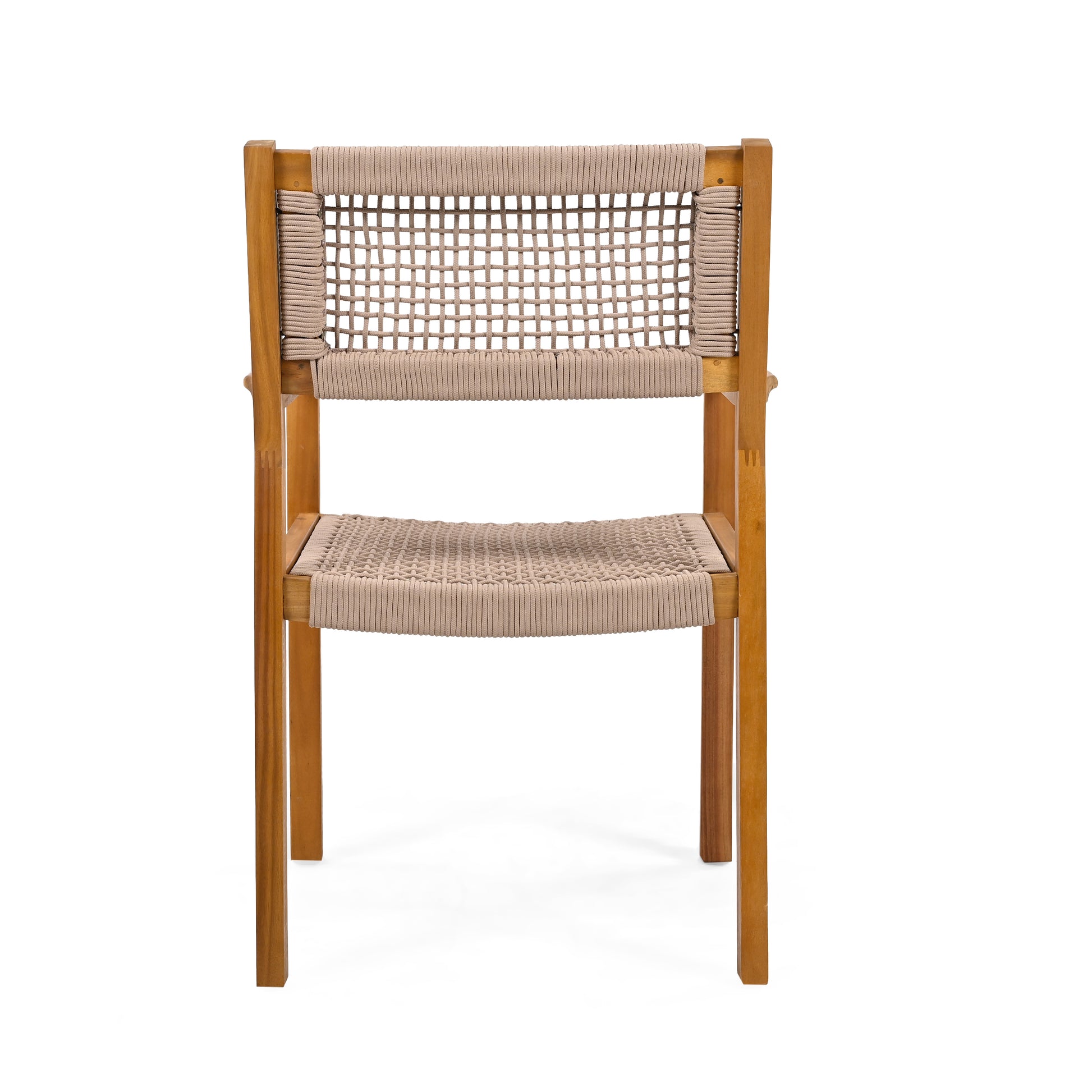 Natural wood dining chair with woven beige seat and back