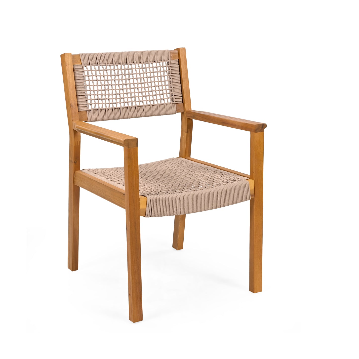Wooden armchair with woven cord seat and backrest