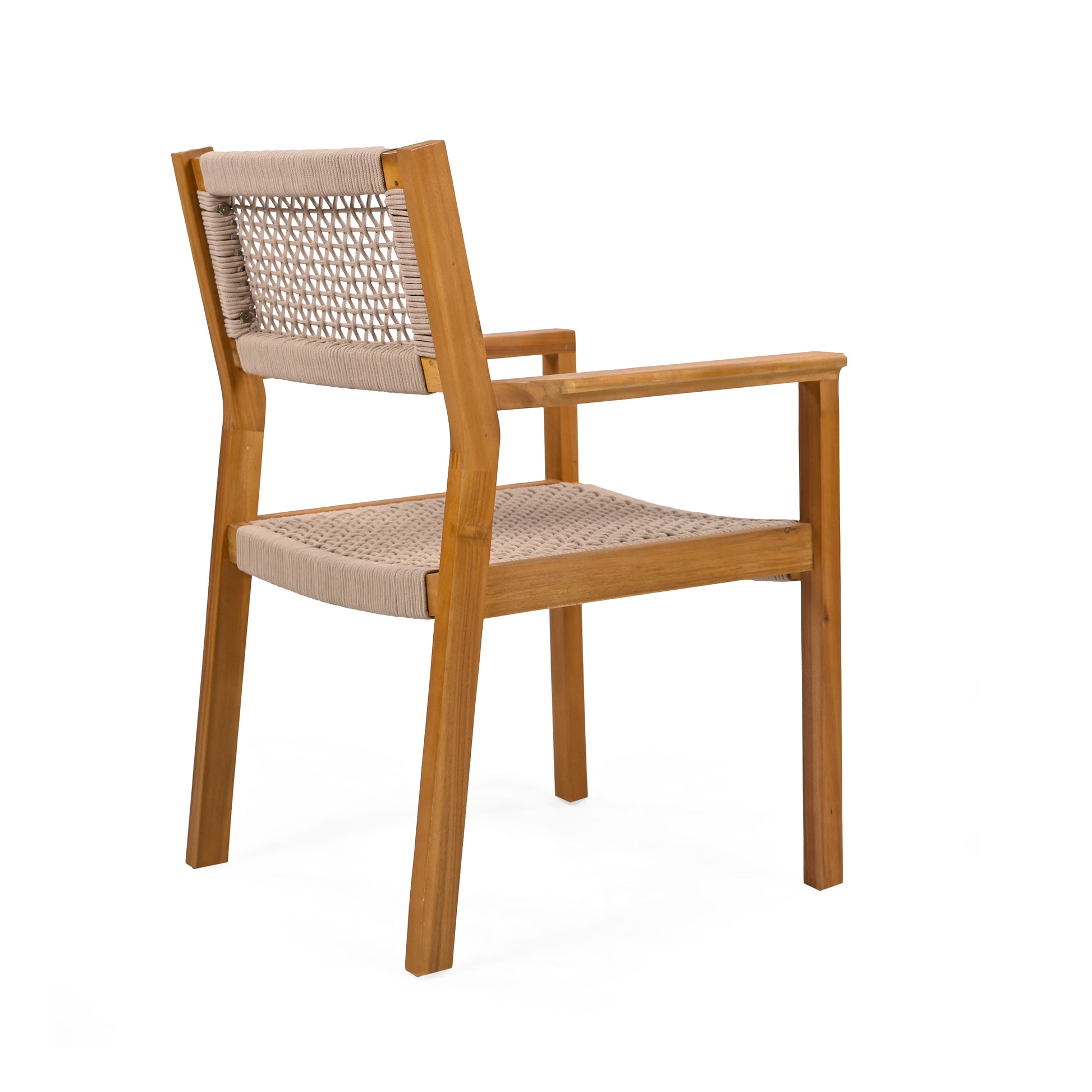 Wooden armchair with beige woven seat and back