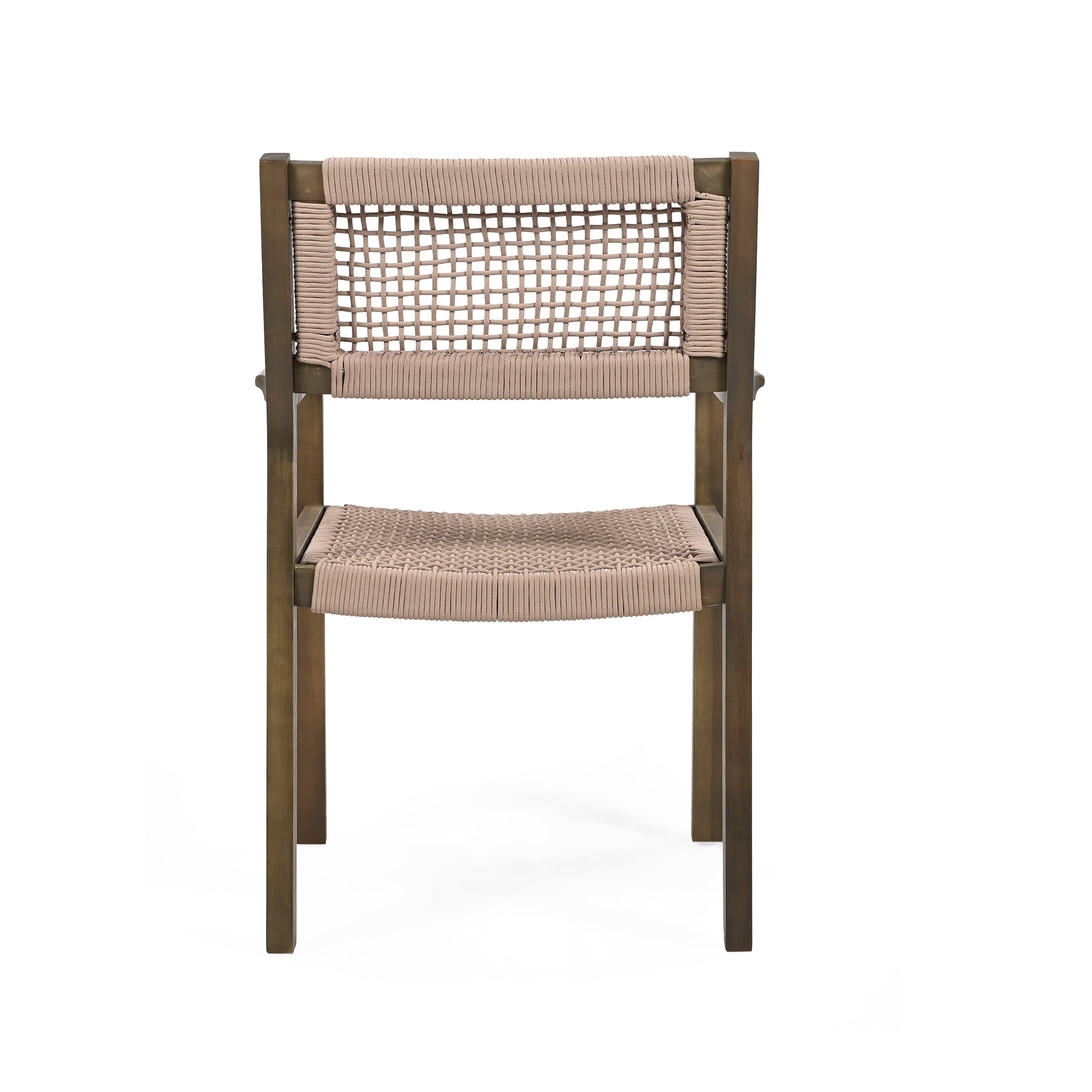 Wooden frame chair with beige woven seat and back