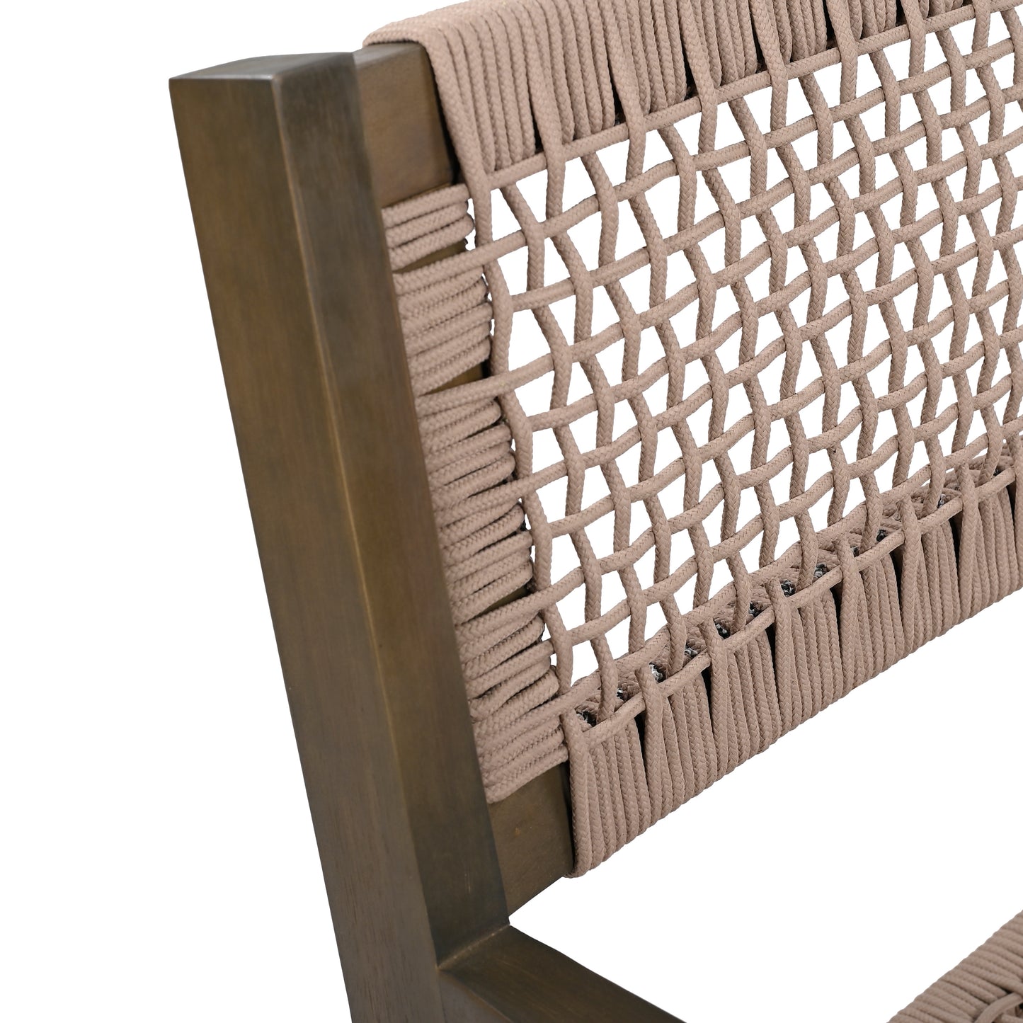 Close up of woven beige rope seat detail on dark wood chair frame
