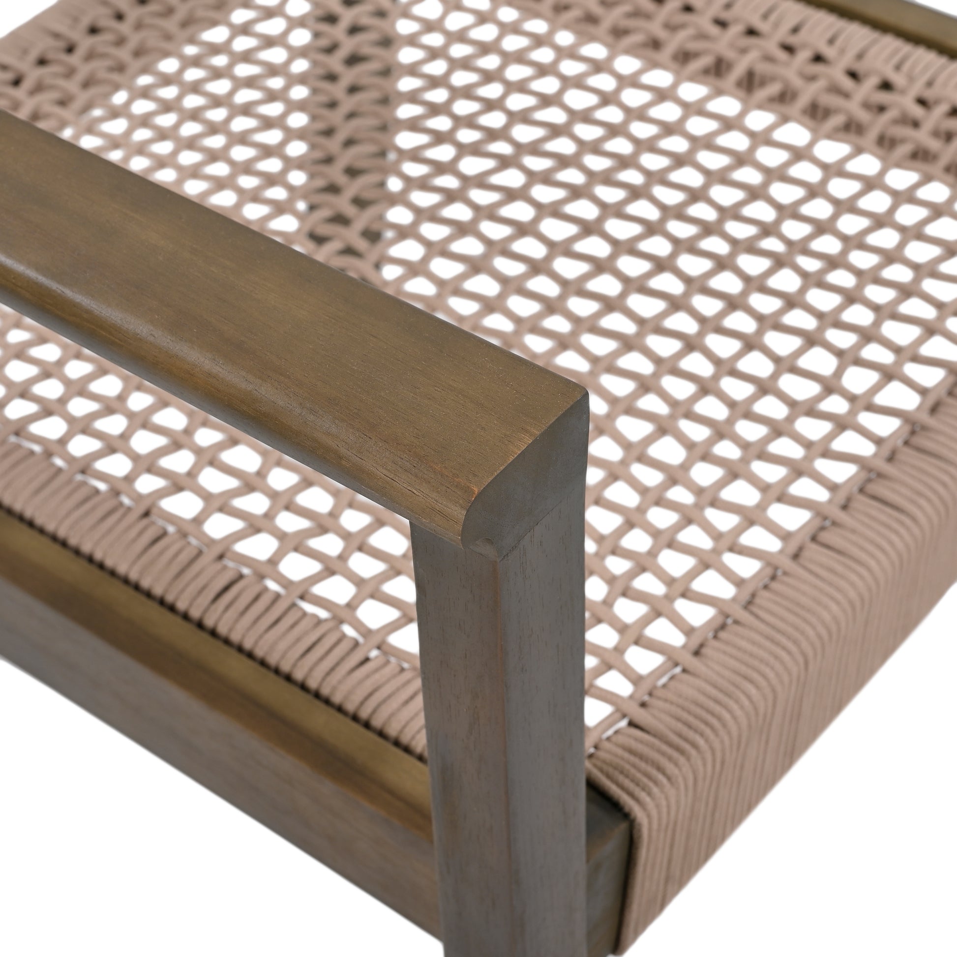Closeup of modern armchair armrest with woven beige seat detail