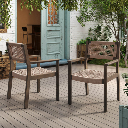 Pair of brown wooden outdoor chairs with woven tan seats and backs