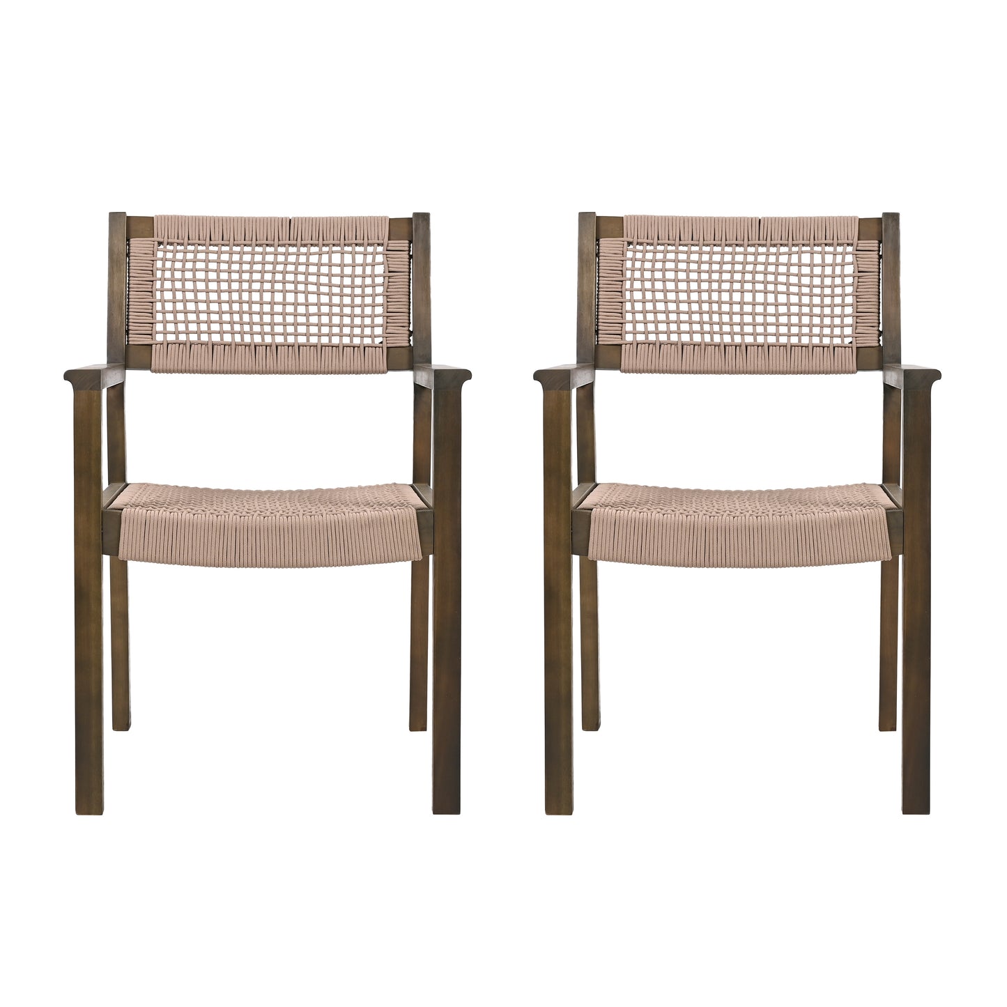 Pair of modern dark wood armchairs with woven rope seats and backs