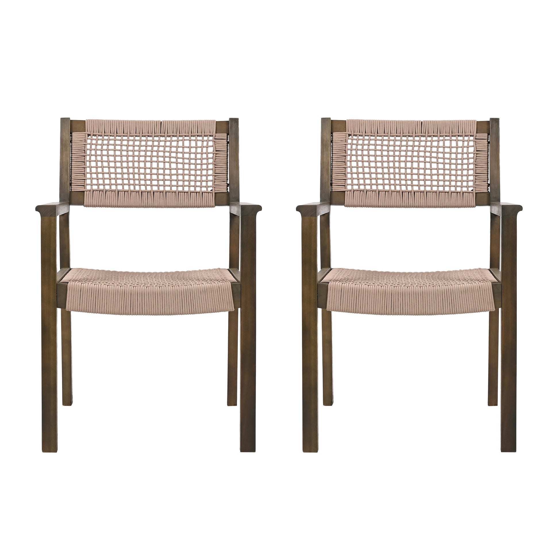 Pair of modern dark wood armchairs with woven rope seats and backs