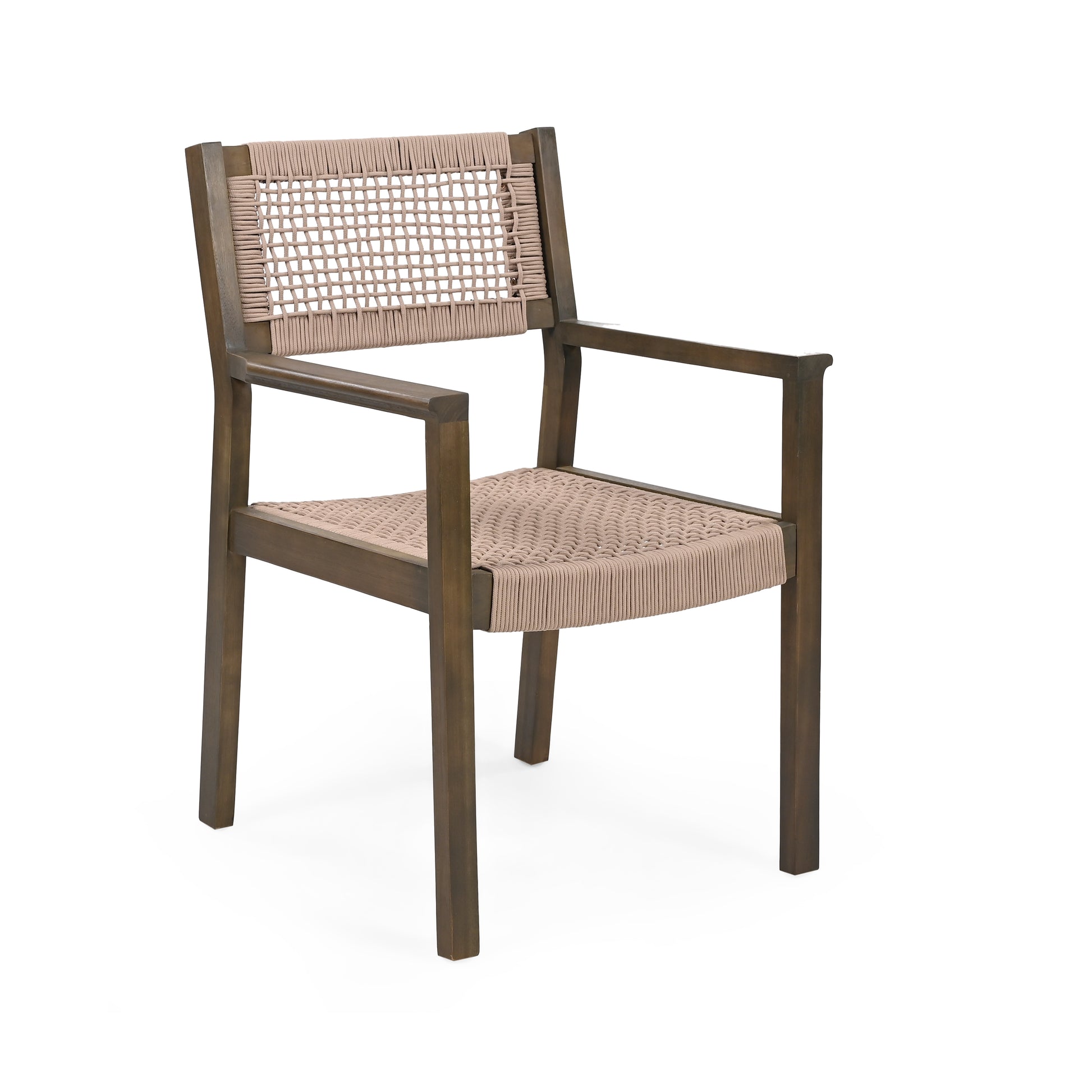 Brown wooden armchair with beige rope seat and back