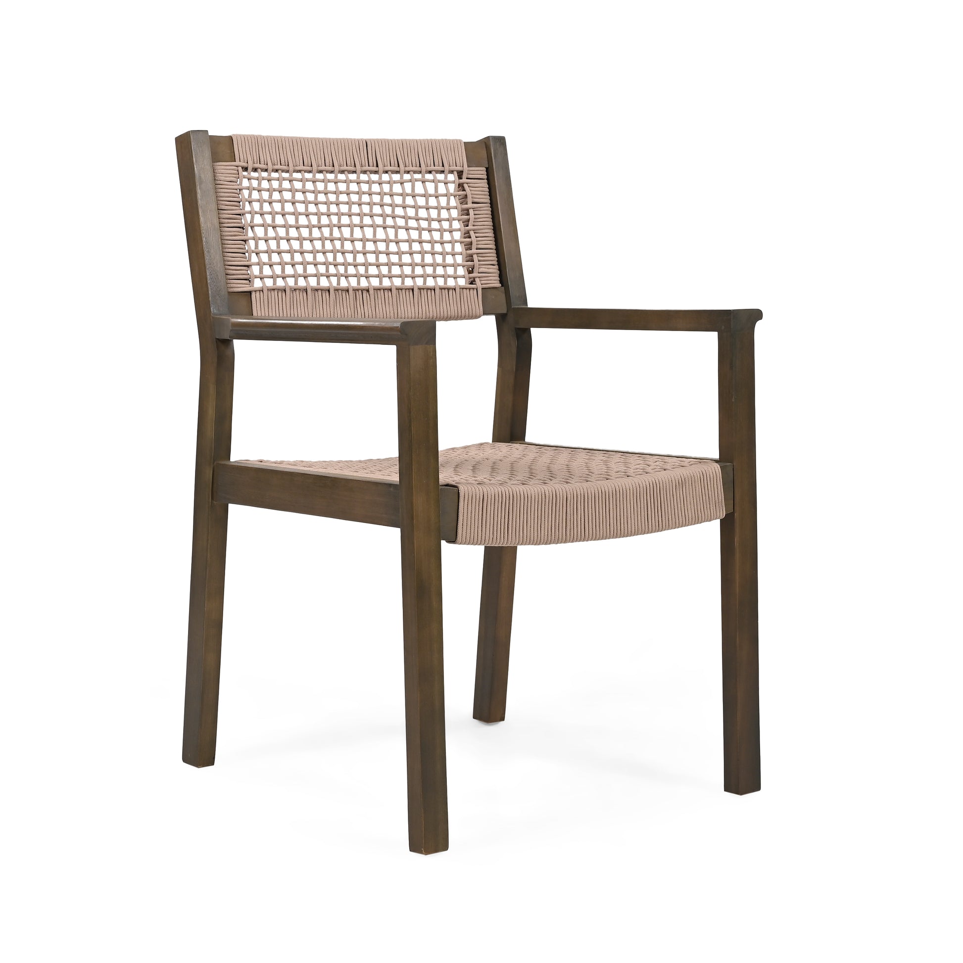 Wooden dining chair with woven beige rope seat and back