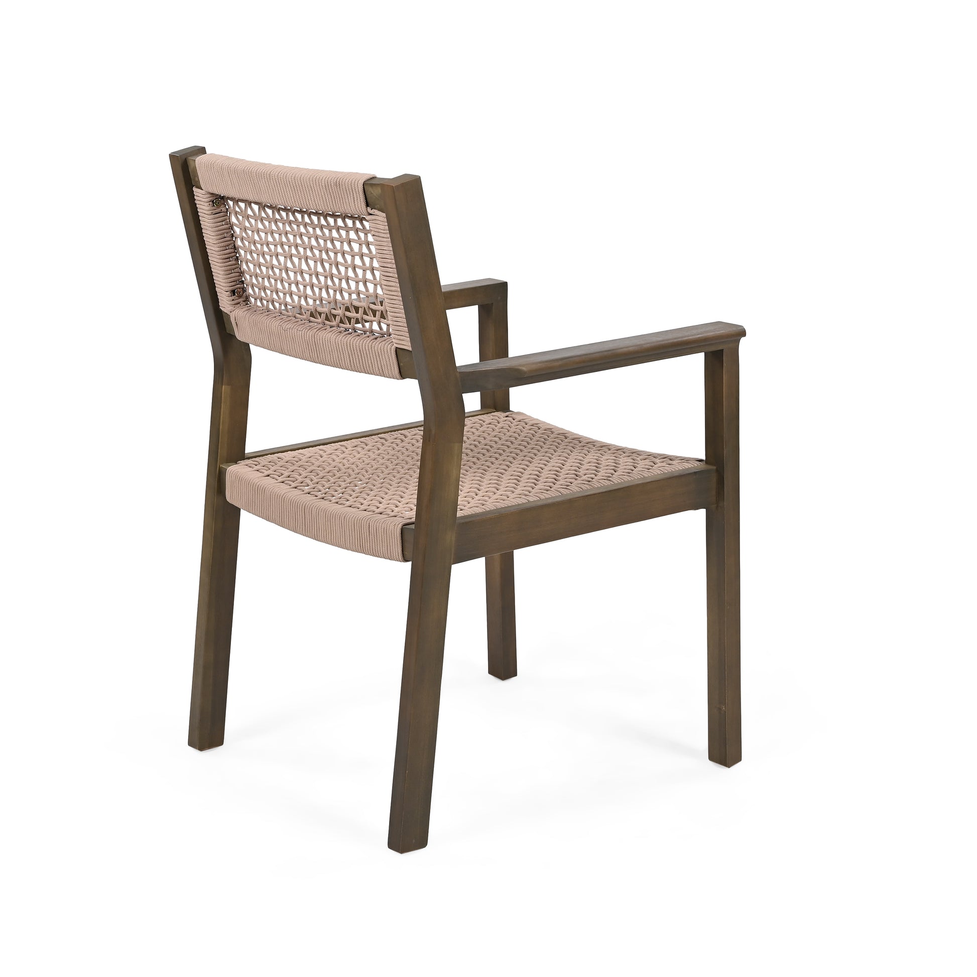 Brown wooden outdoor chair with beige woven seat and back