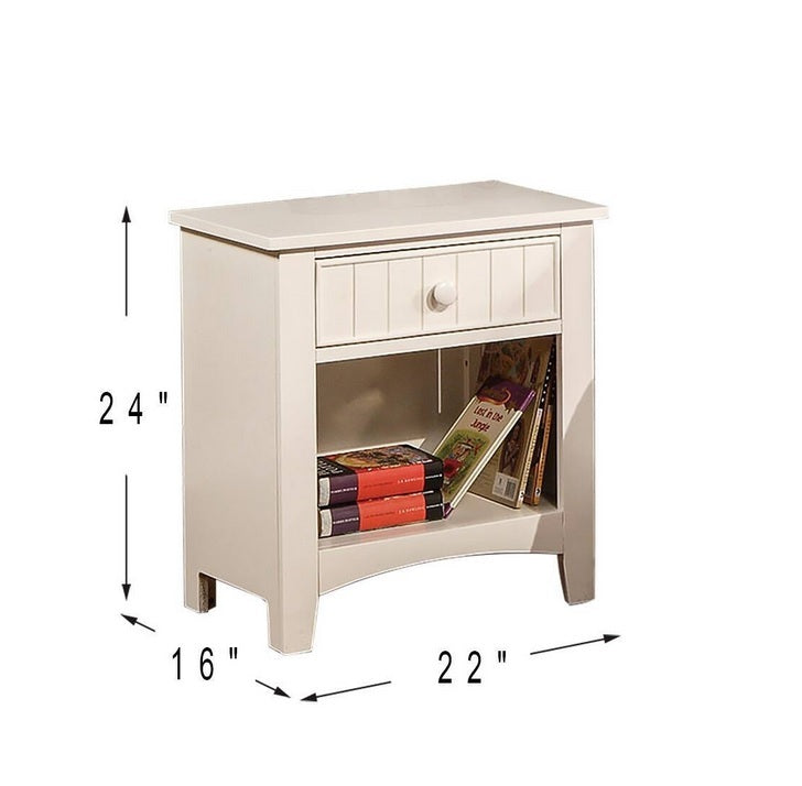 Cream wood nightstand with single drawer and open shelf
