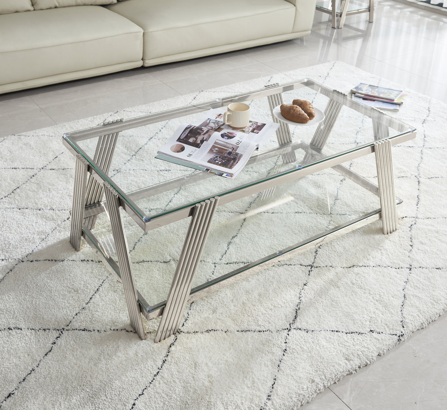 Rectangular glass coffee table with brushed nickel metal legs