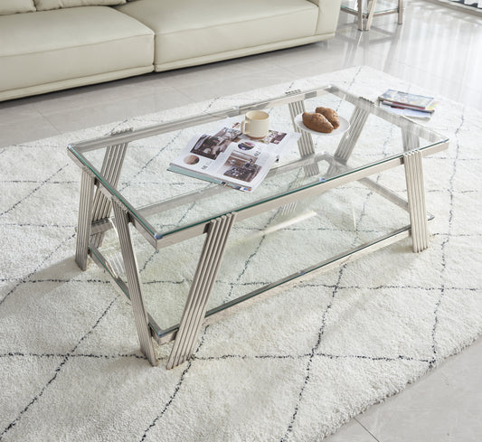 Rectangular glass coffee table with brushed nickel metal legs