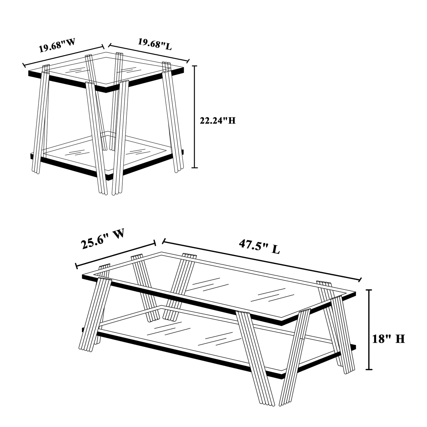 Line drawing of a square glass top end table with silver metal legs