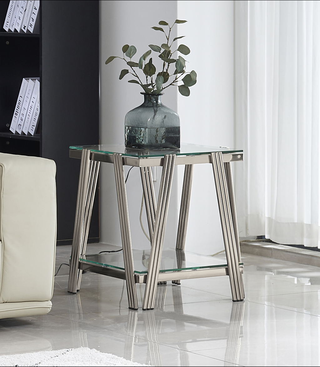 Glass top end table with modern brushed nickel frame and lower shelf