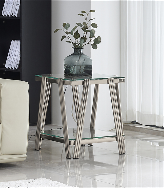 Glass top end table with modern brushed nickel frame and lower shelf