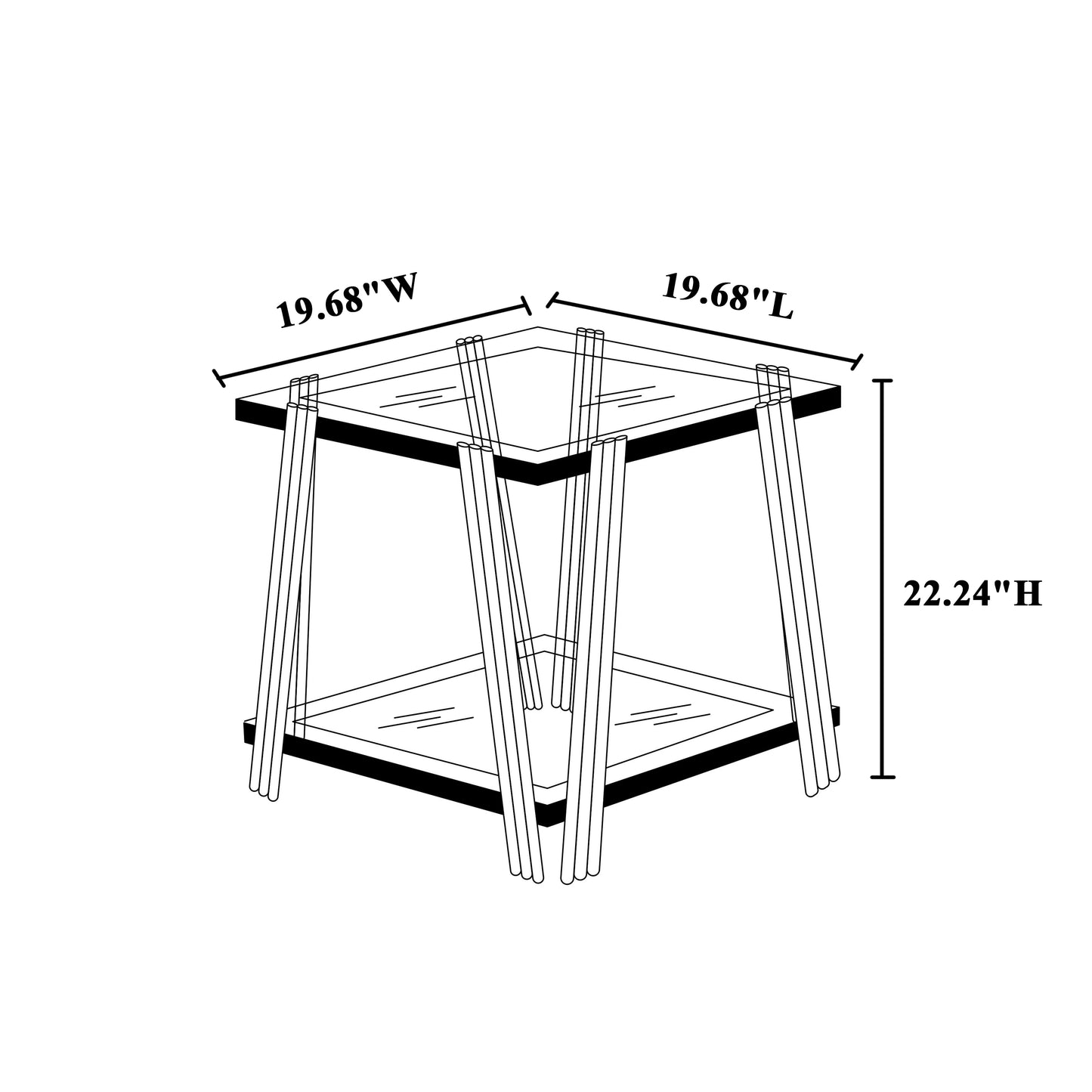 Line drawing of a modern end table with glass top and metal legs