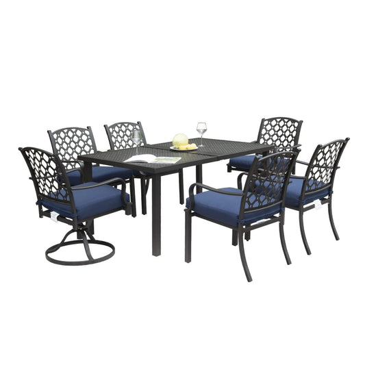 Black metal patio dining set with blue cushions and ornate back design