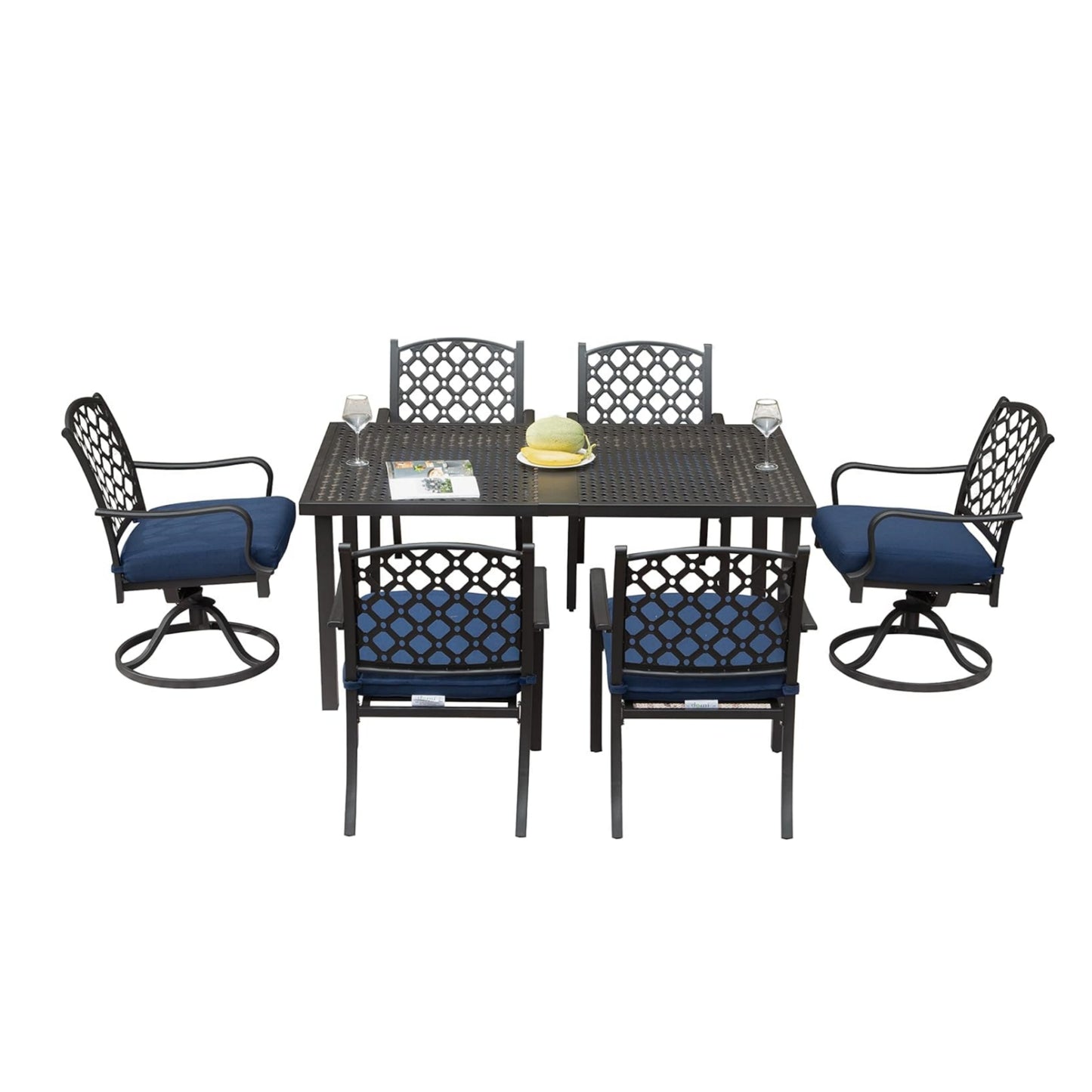 Dark bronze cast aluminum piece patio dining set with navy cushions and ornate backrests