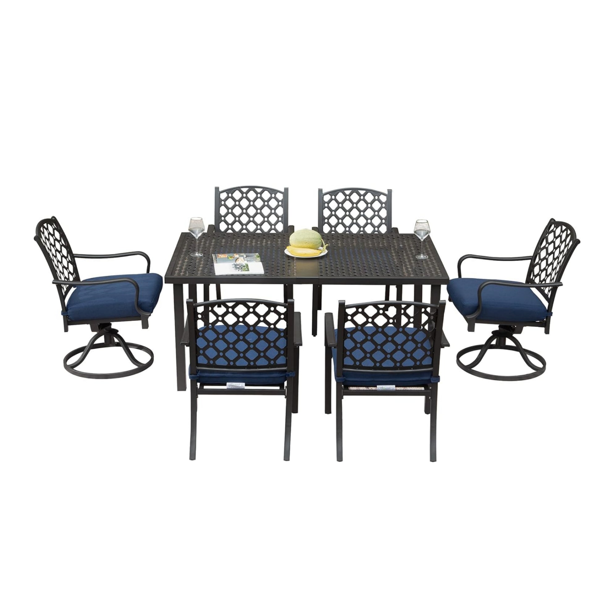 Dark bronze cast aluminum piece patio dining set with navy cushions and ornate backrests