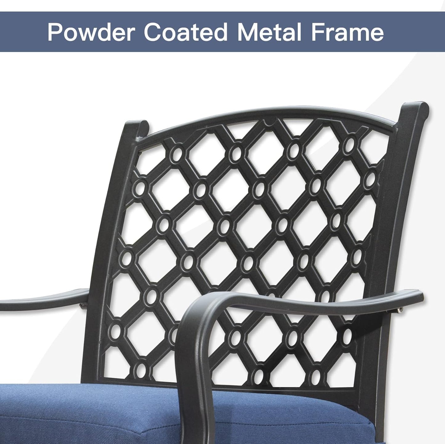 Black powder coated metal frame patio chair with diamond cutouts and blue cushion