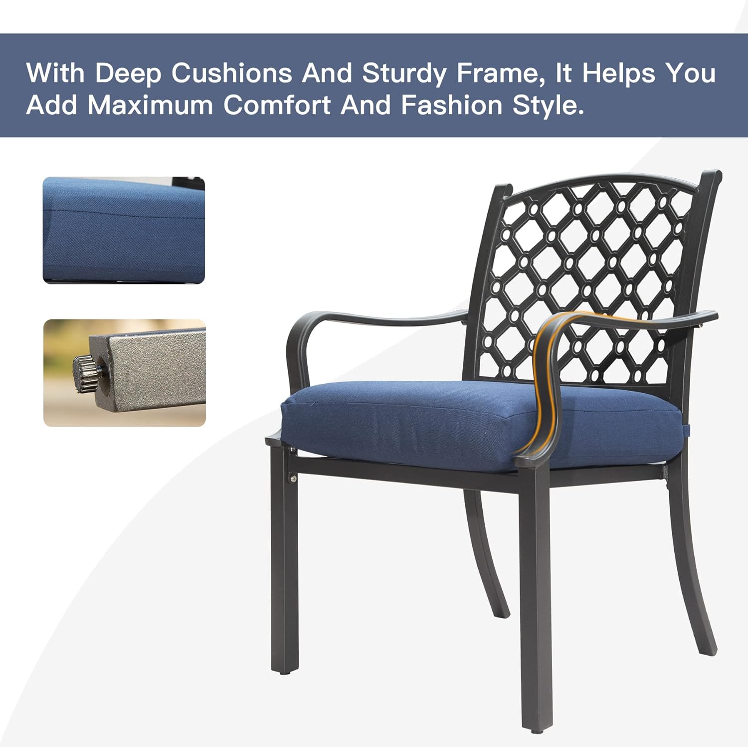 Black metal patio chair with deep blue cushion and decorative back