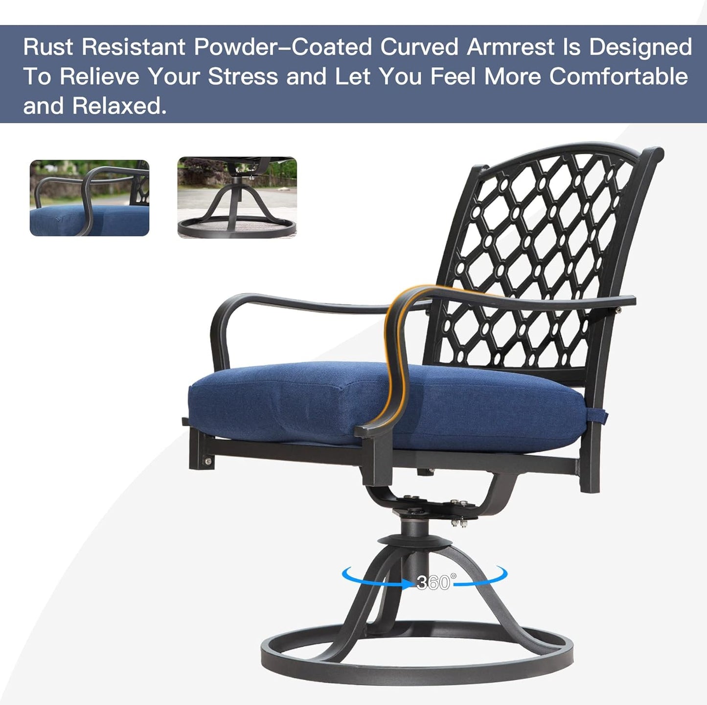 Black metal patio chair with navy cushion and degree swivel base