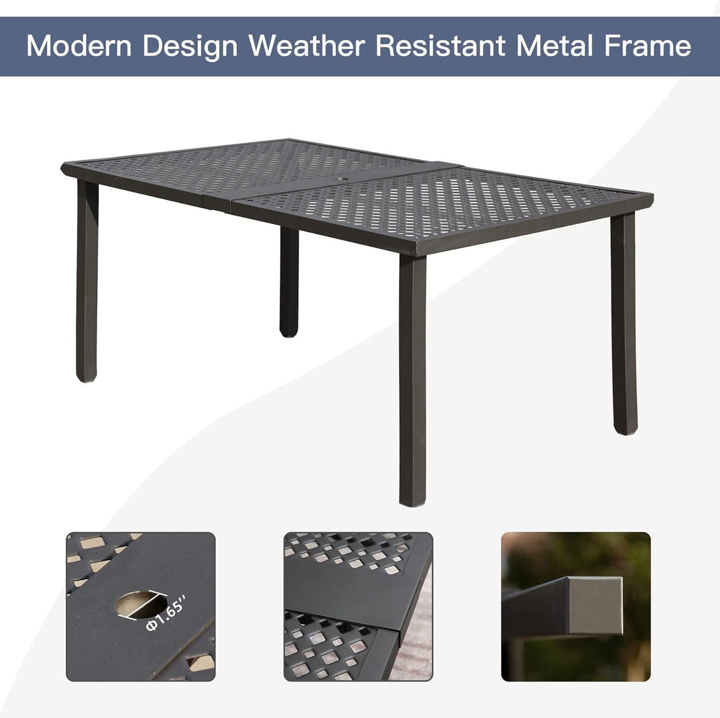 Dark gray metal patio table with modern geometric perforated design