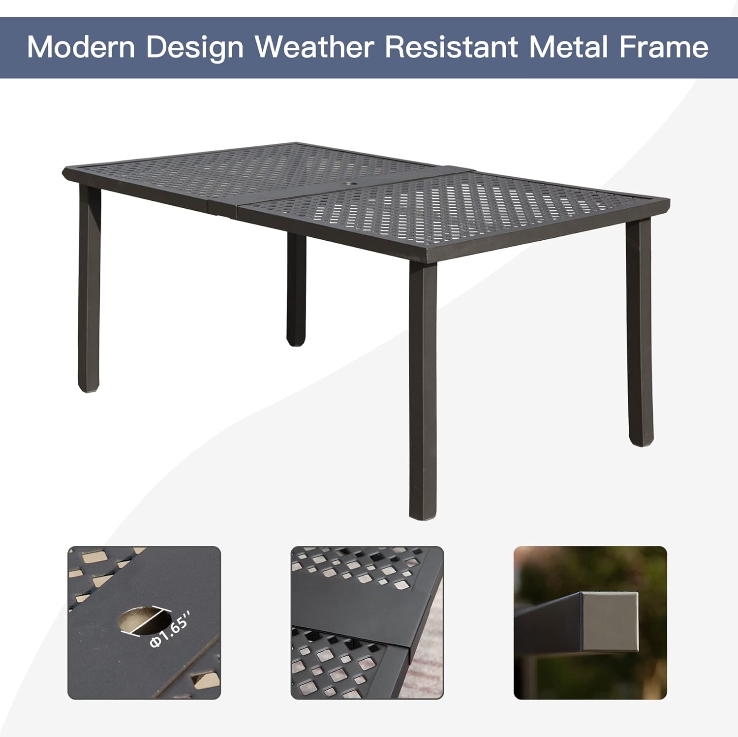 Dark gray metal patio table with modern geometric perforated design