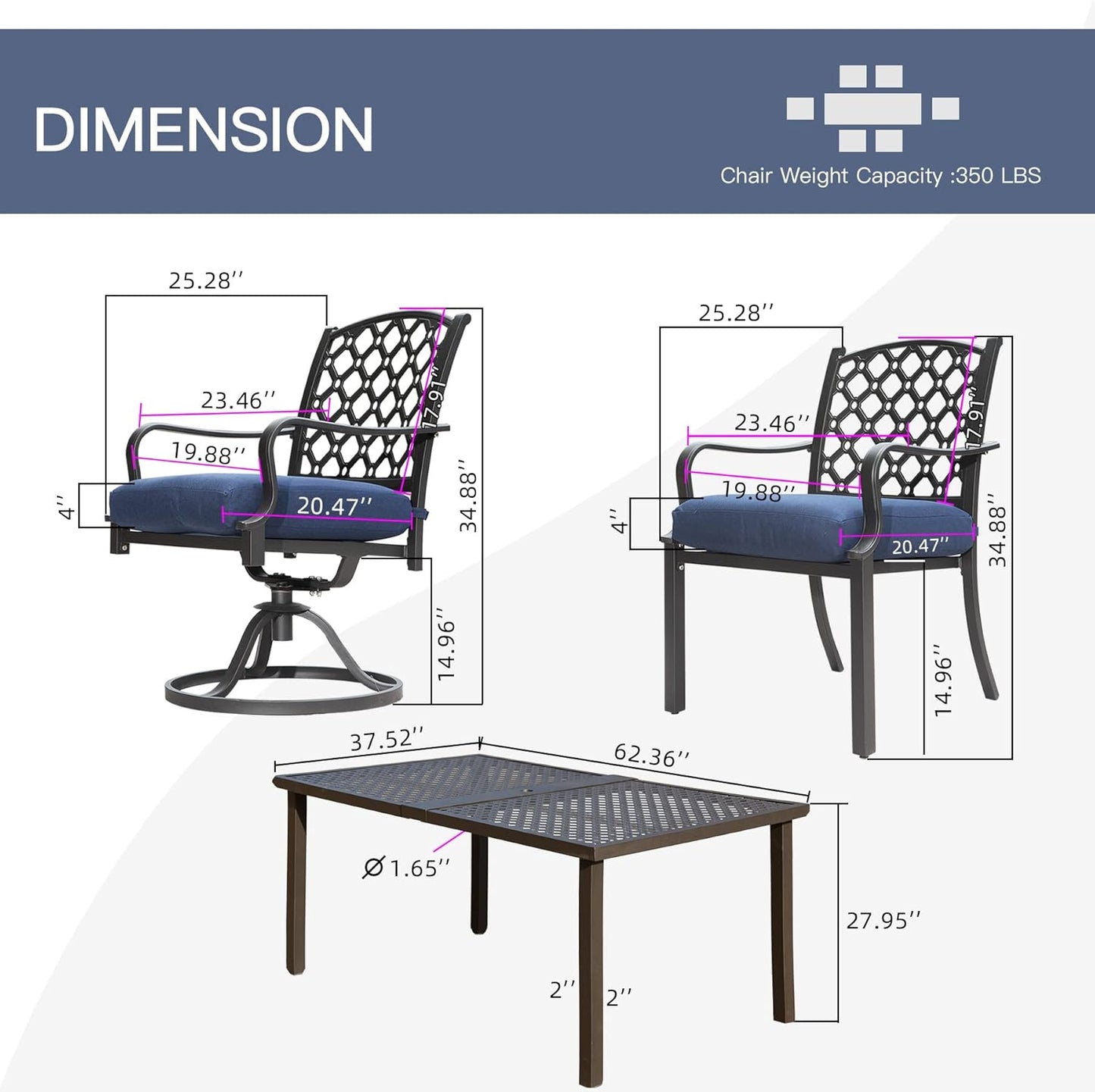 Outdoor dining chair with dark metal frame and blue cushion