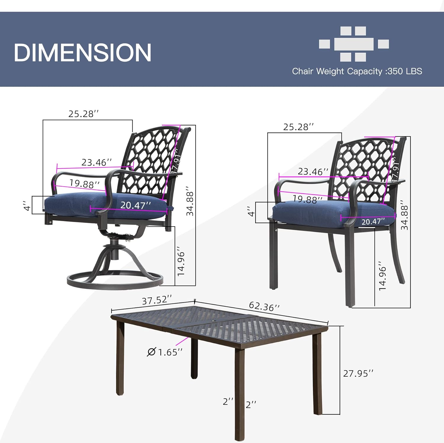 Outdoor dining chair with dark metal frame and blue cushion