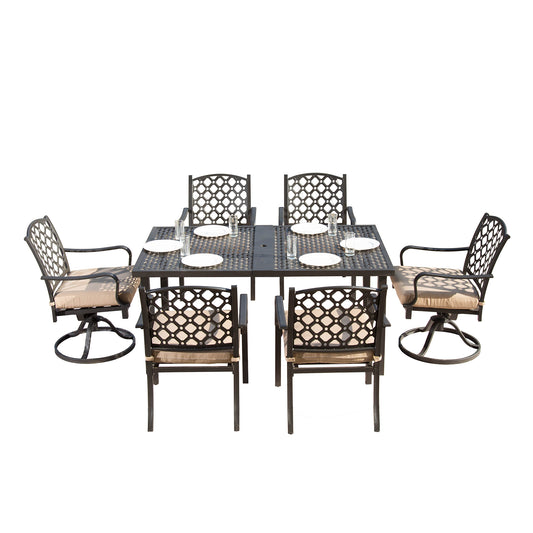 Bronze cast aluminum patio dining set with six chairs and table