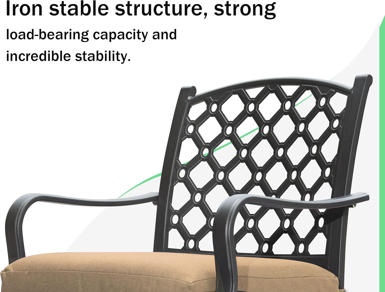 Black wrought iron patio chair with diamond lattice back and tan cushion