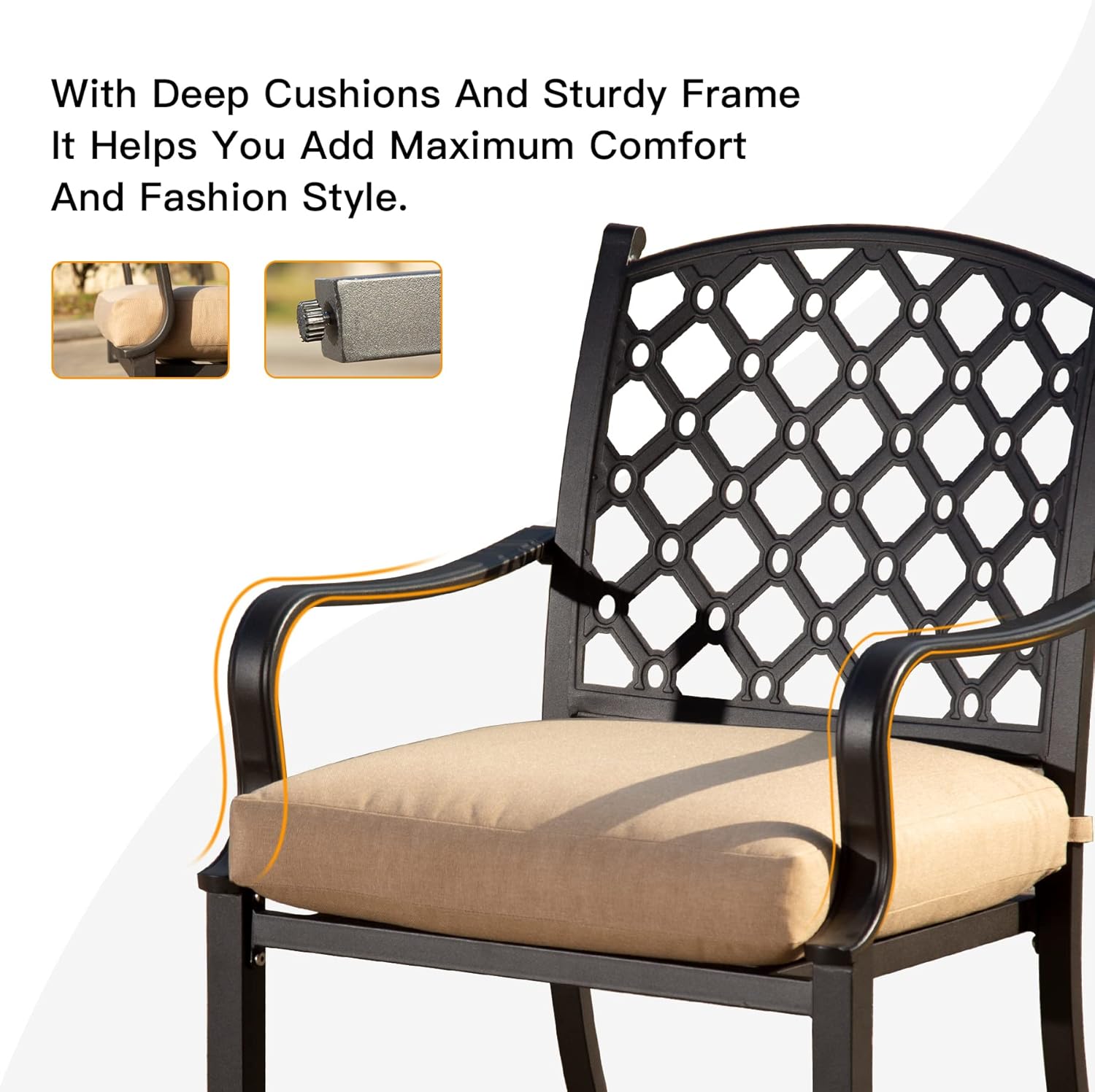 Black metal patio chair with beige cushion and ornate back