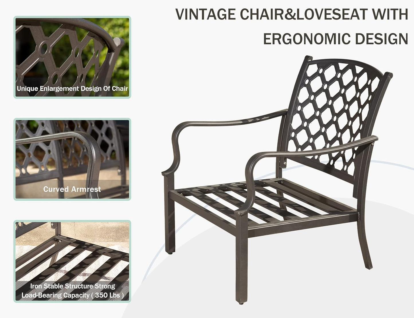 Dark grey metal patio chair with ornate geometric backrest