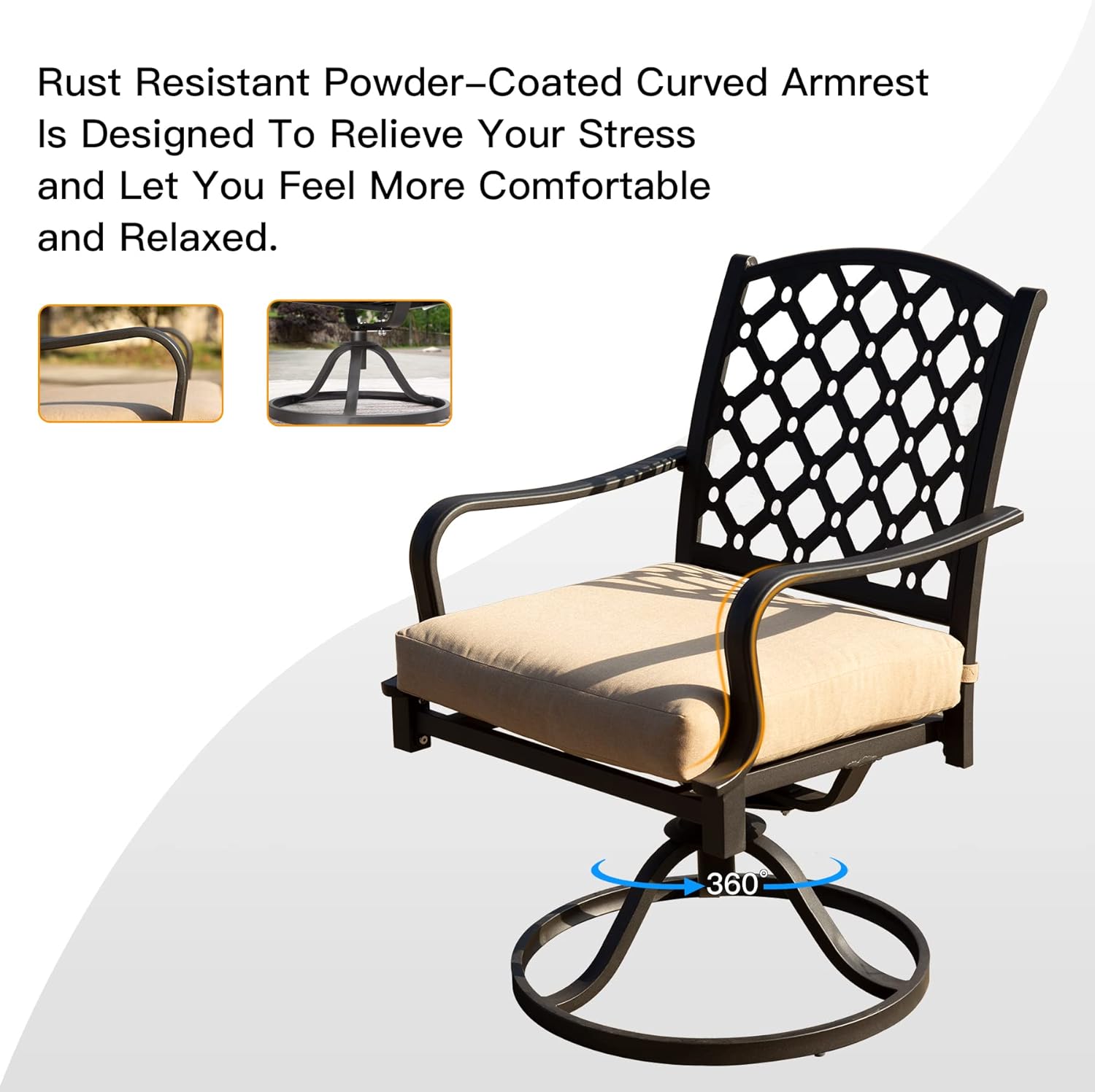 Black metal outdoor swivel chair with beige cushion and ornate back