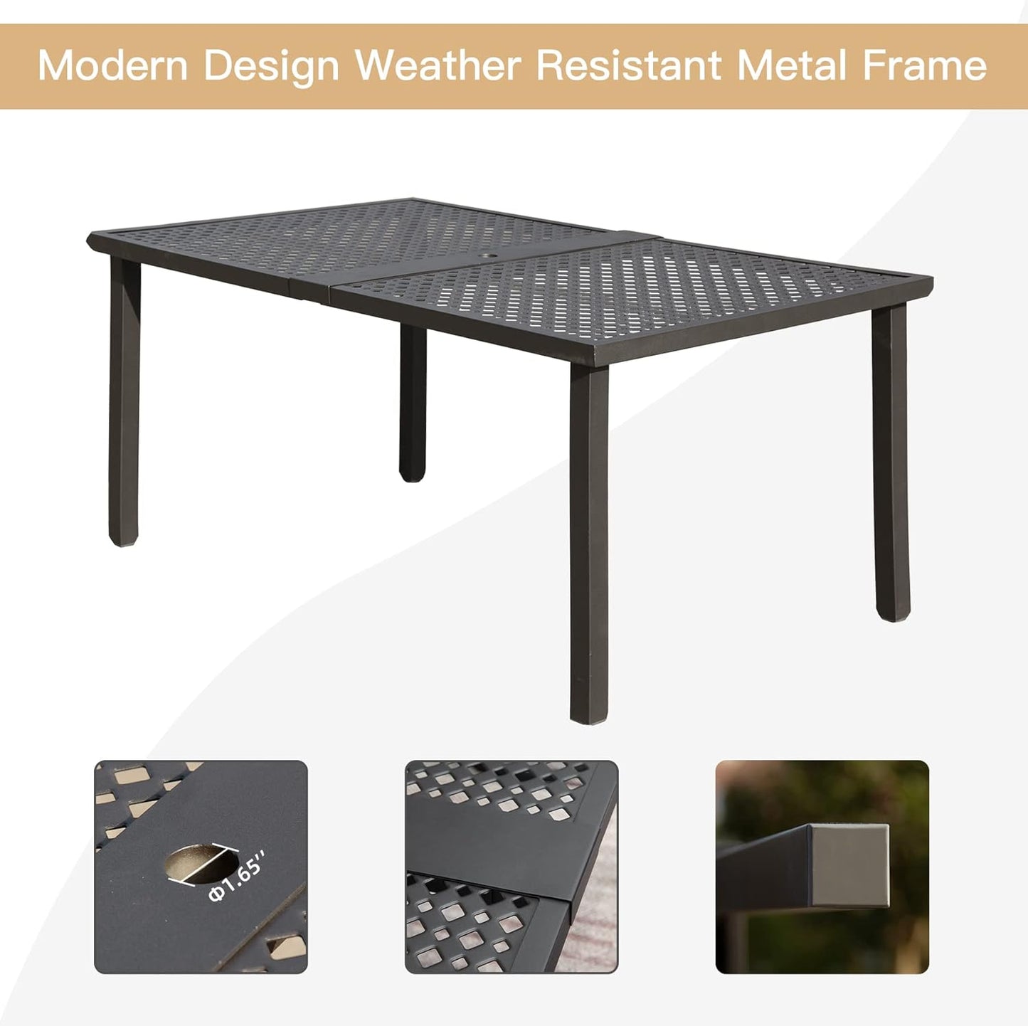Dark gray modern dining table with perforated metal top and sturdy legs