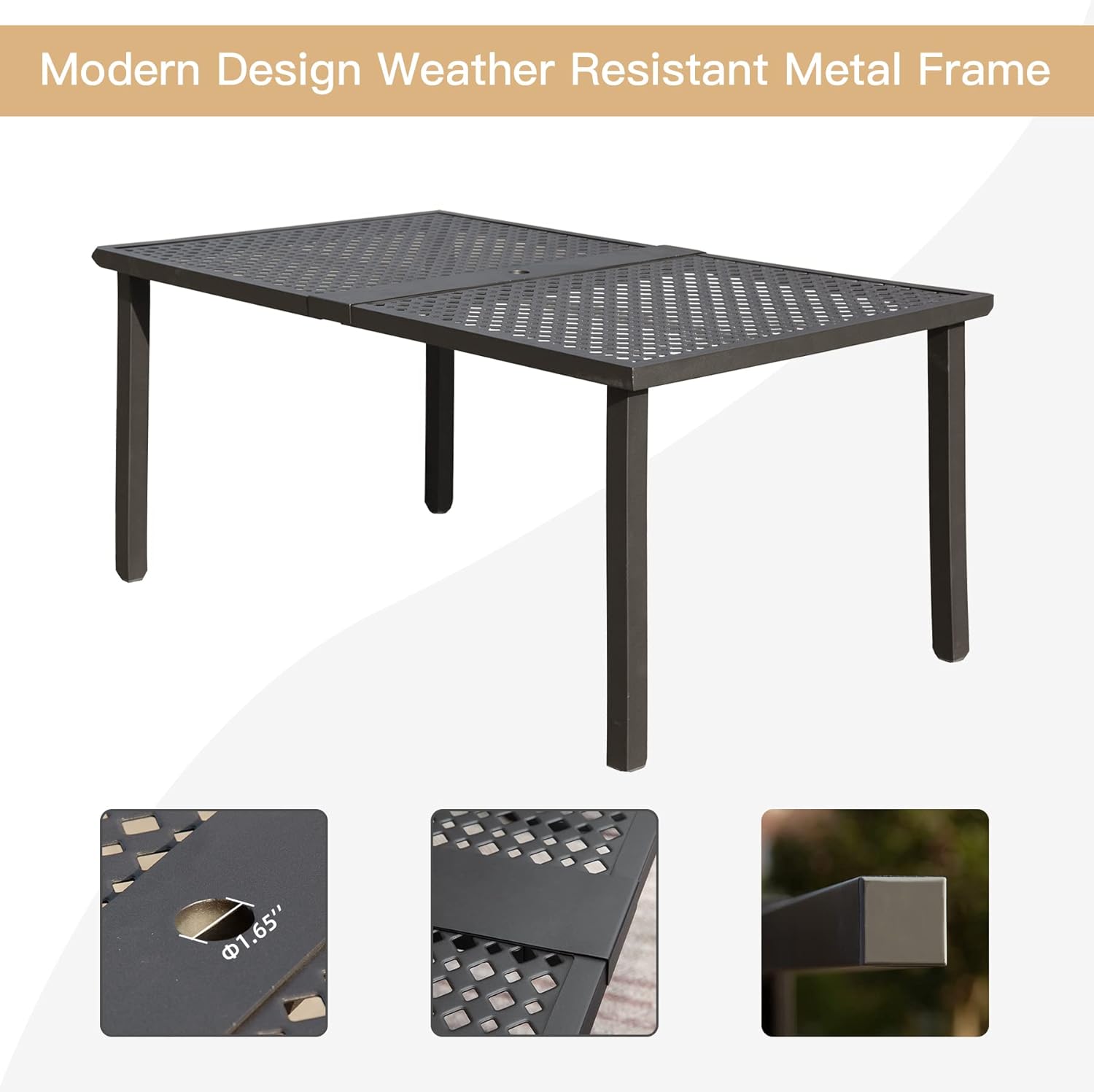 Dark gray modern dining table with perforated metal top and sturdy legs