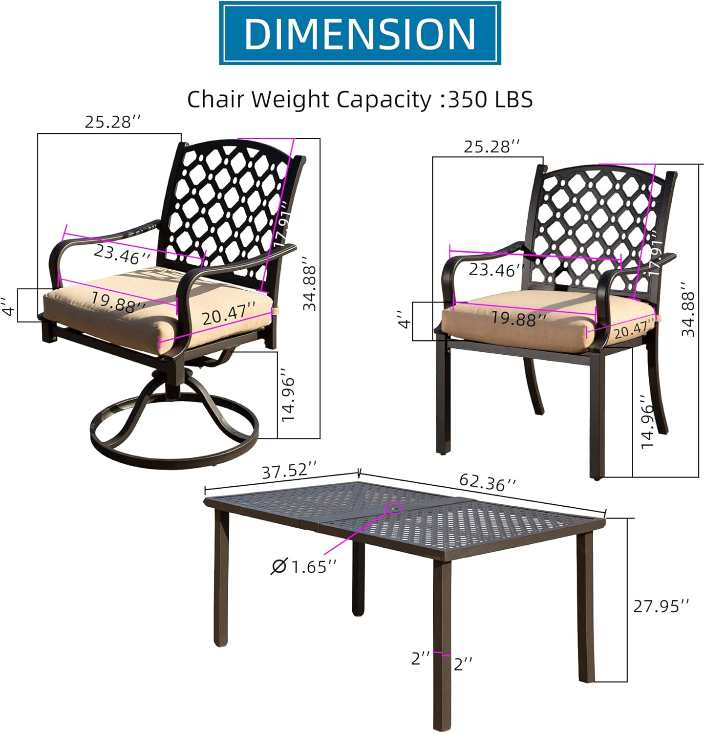 Bronze metal patio swivel chair with beige cushion