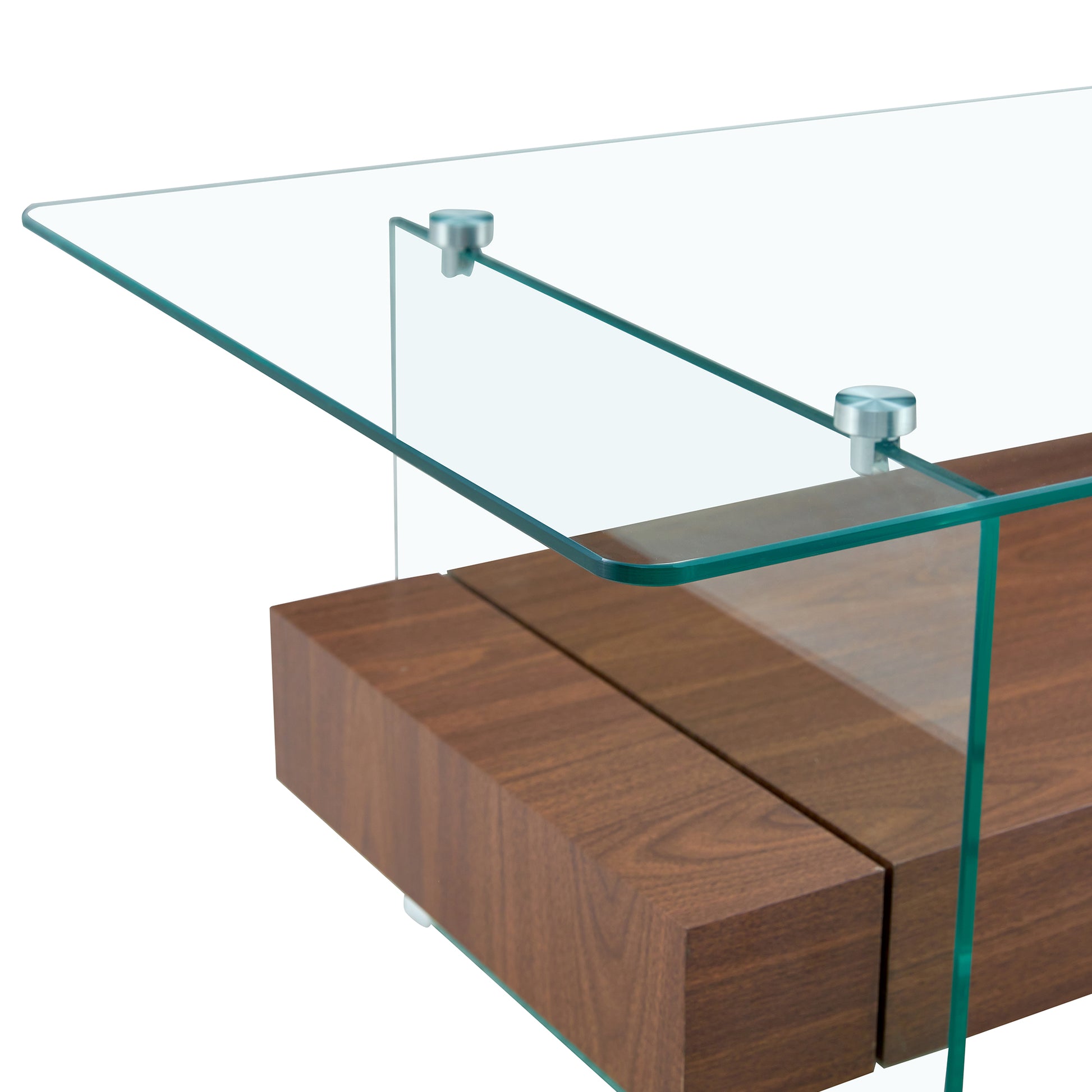 Modern glass coffee table with walnut wood base and chrome accents
