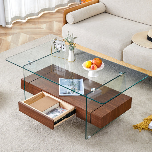 Modern glass and walnut coffee table with open drawer