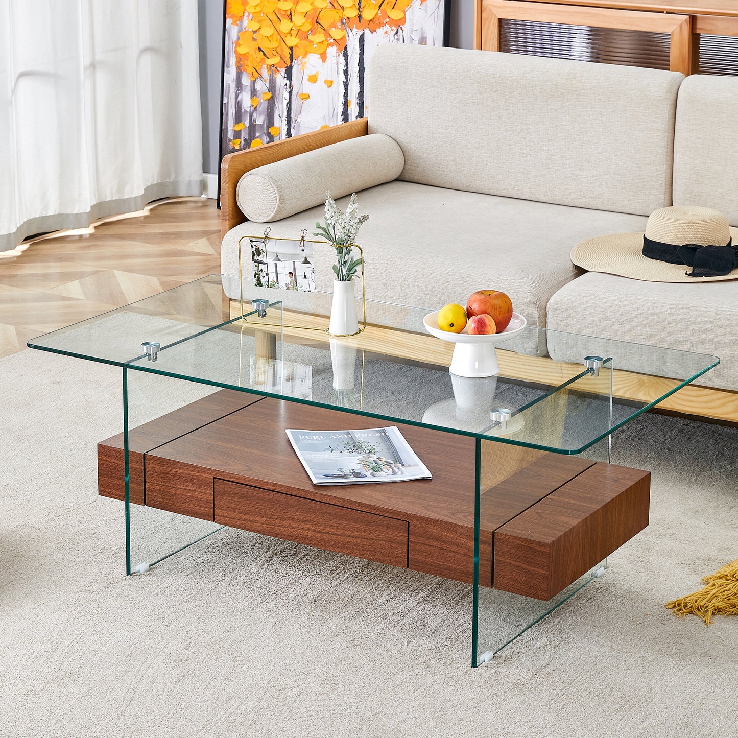 Modern glass coffee table with wooden drawers for living room storage