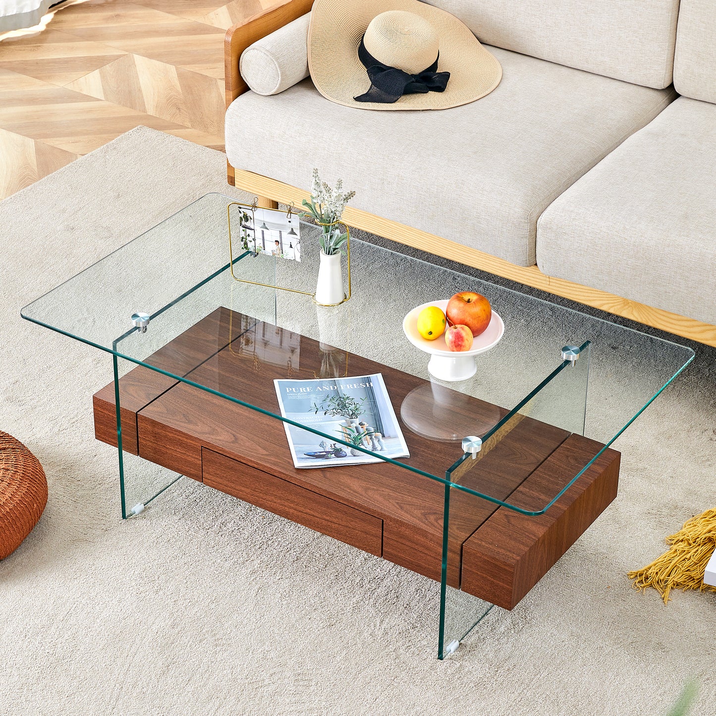 Modern glass coffee table with walnut drawers