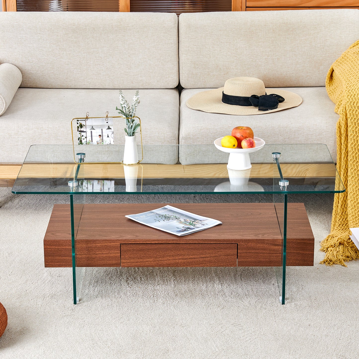 Modern wooden coffee table with glass top and single drawer