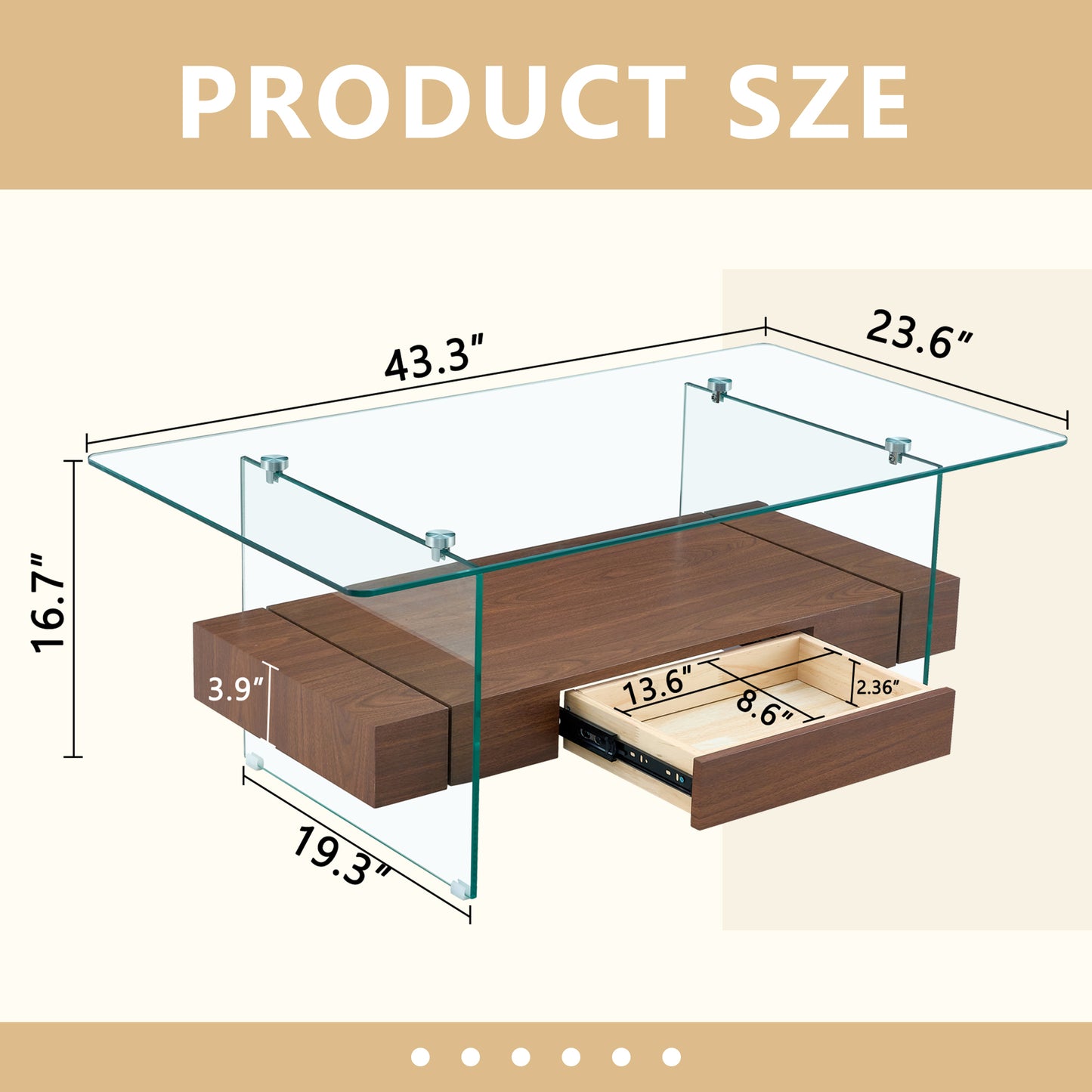 Glass top coffee table with walnut finish drawer