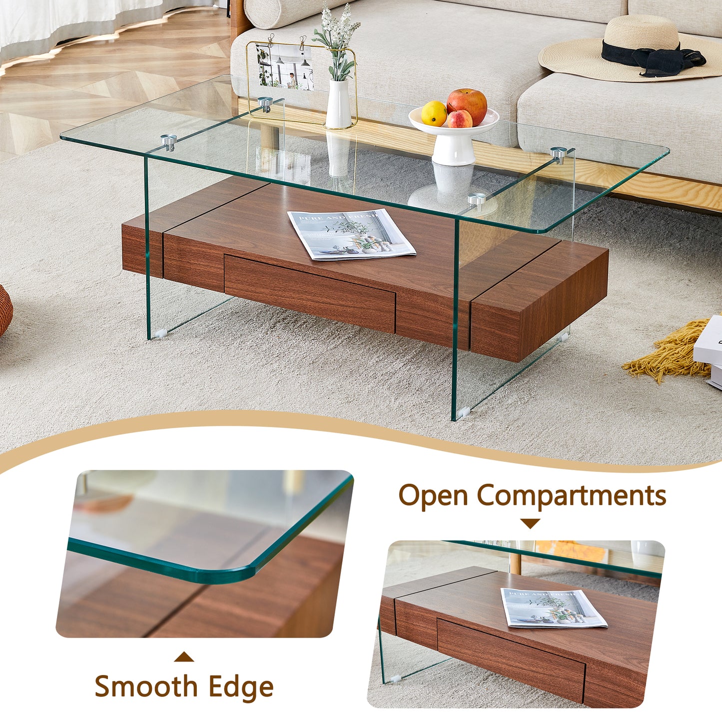 Modern glass coffee table with smooth edge and walnut finish drawer