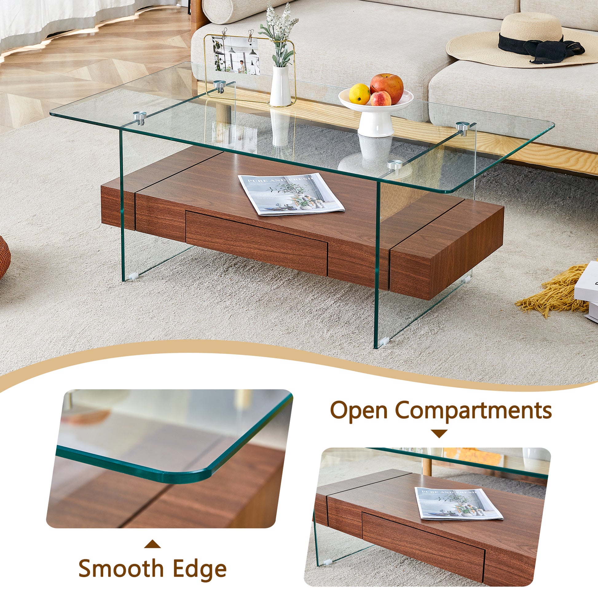 Modern glass coffee table with smooth edge and walnut finish drawer
