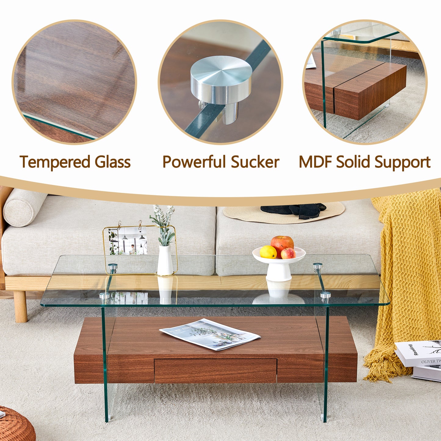 Modern tempered glass coffee table with MDF drawer