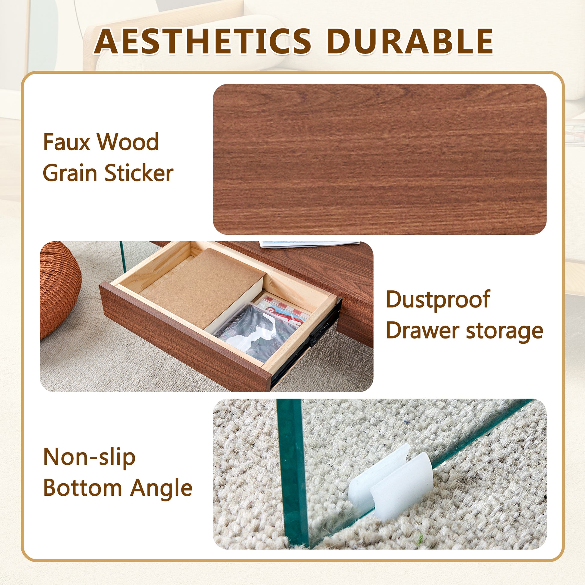 Closeup of rich brown faux wood grain sticker texture on furniture