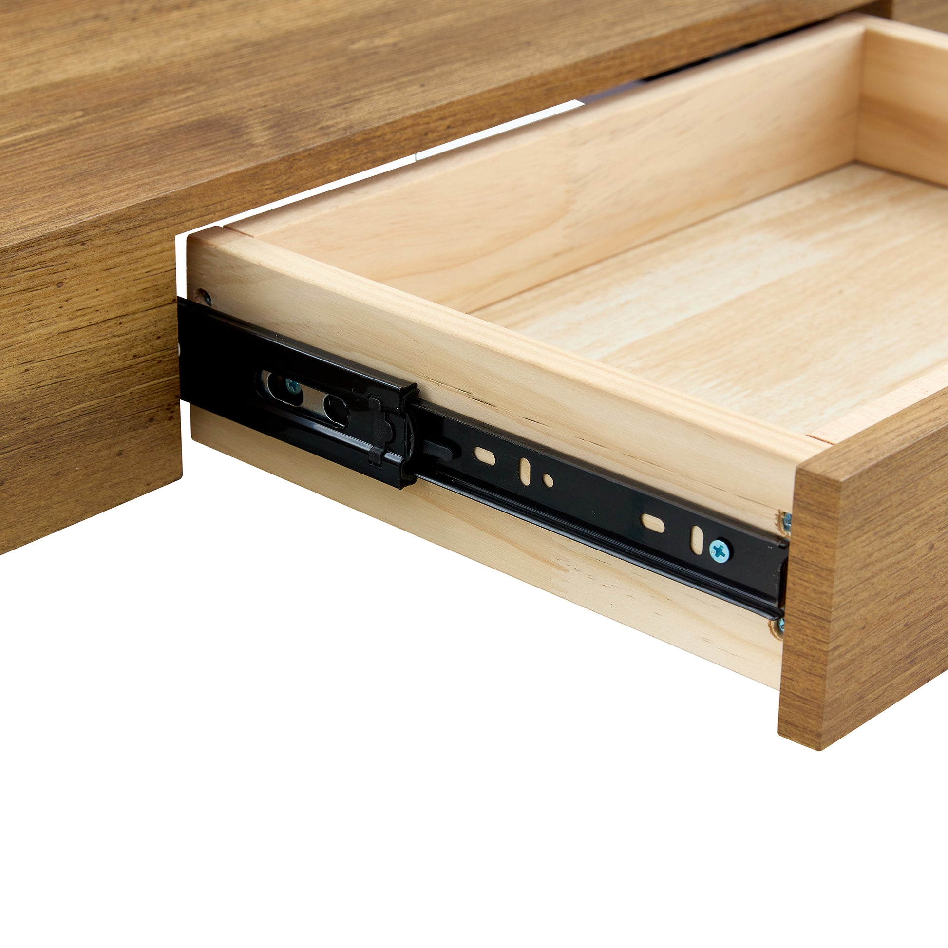 Rustic wood drawer with smooth glide black metal runner mechanism