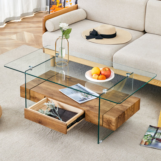 Modern coffee table with clear glass top and natural wood base